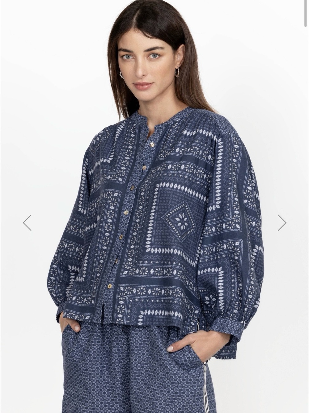 Johnny Was "Patched Ikat" linen blouse features a denim blue patchwork print,S.